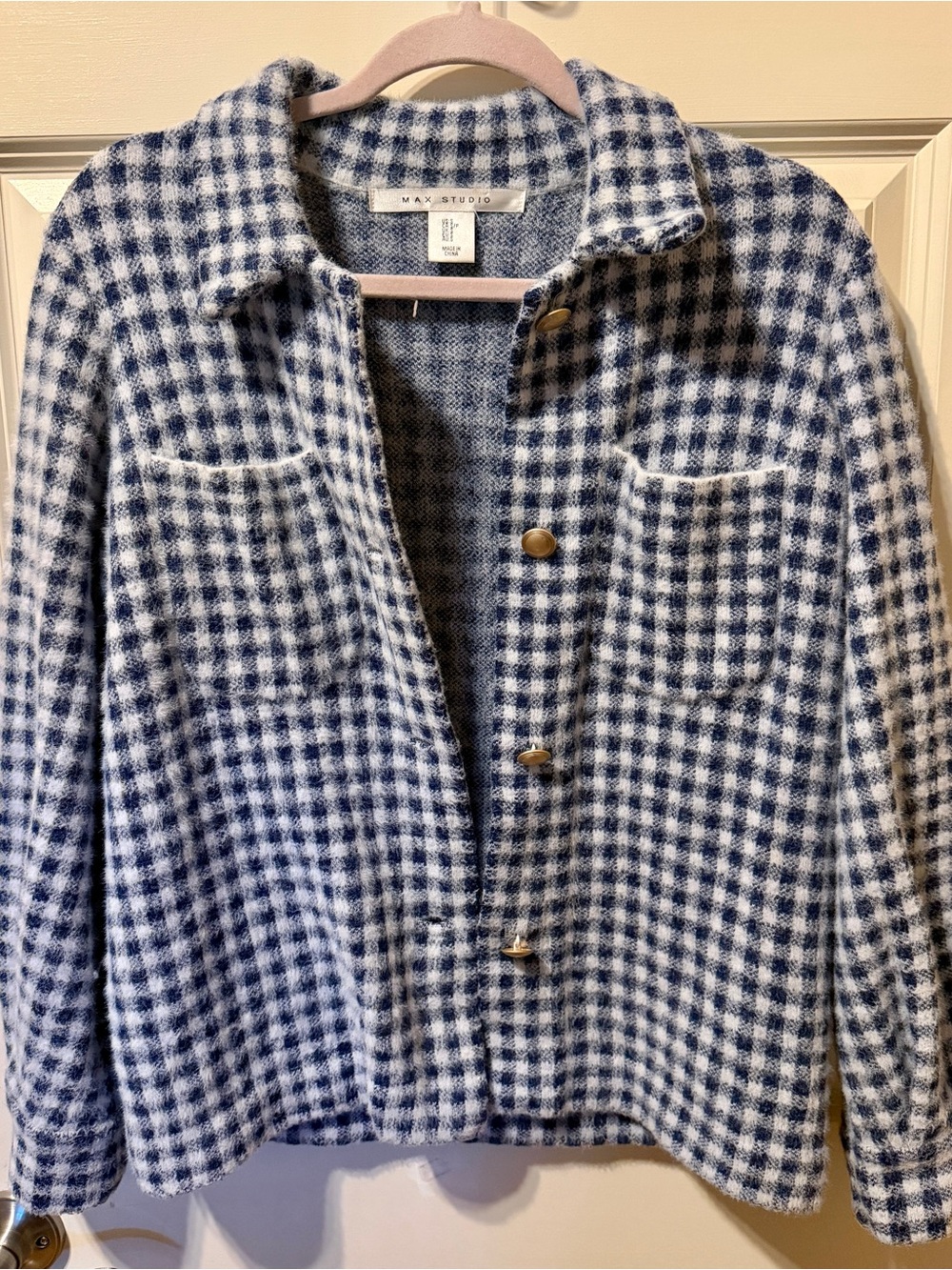 Max Studio Navy and White Gingham Teddy Shacket